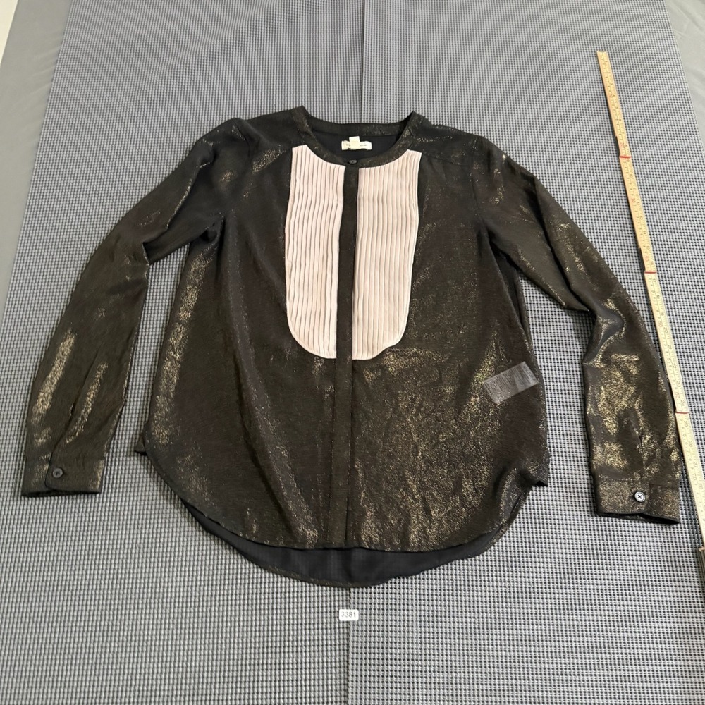 Silence + Noise Womens Small Black Gold Metallic Pleated Bib Open Back Blouse